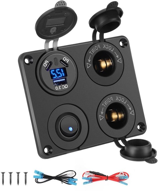 2 Caricabatterie Auto USB C 20W PD + Doppia Presa Voltmetro 18W QC3.0, 12-24V, Autopher