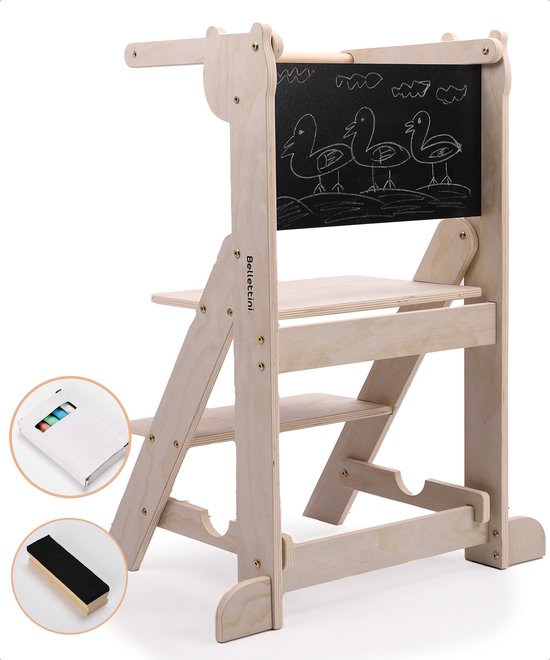 Bellettini® Opvouwbare Leertoren Inclusief Krijtbord en Krijtjes - Kindertrapje voor Keukenhulp - Naturel