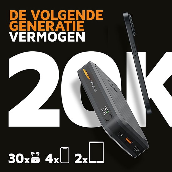 Zwarte powerbank met honingraatpatroon, 20K tekst, en naast een smartphone.