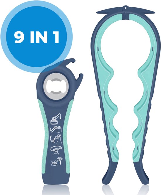 Ouvre-boîte 9 en 1 - Ouvre-bocal 3-8 cm - Décapsuleur - Ouvre-couvercle - Kitchen Aid - Tire-bière - Ergonomique et antidérapant - Léger - Blauw