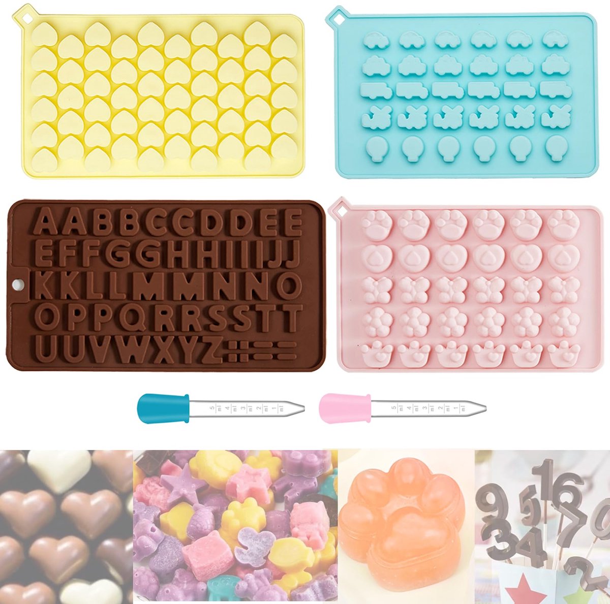 Ibenzoa® Creatieve Siliconen Vormenset voor Chocolade, Snoep en IJsblokjes met Pipetten - 4 Stuks