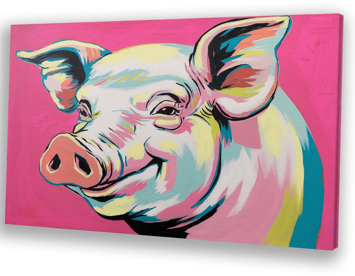 Vrolijk varken in popart stijl - Varken portret - Canvas schilderijen dieren - Pop Art - Landelijke schilderijen - Woonkamer decoratie - canvas 100x75 cm