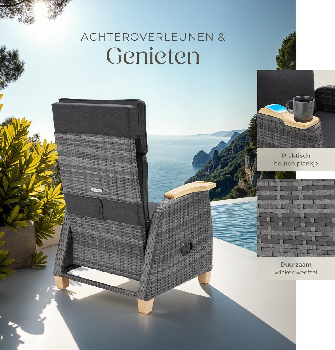 tectake® Set van 2 Wicker Buitenfauteuils - Tuinstoel met Hoge Rugleuning - Met Voetsteun en Verstelbare Rugleuning - Relaxstoel met Ligfunctie - Loungestoel voor Tuin - Ligstoel - Leesstoel - Incl. Ruimte voor Beker/Glas – foto 4