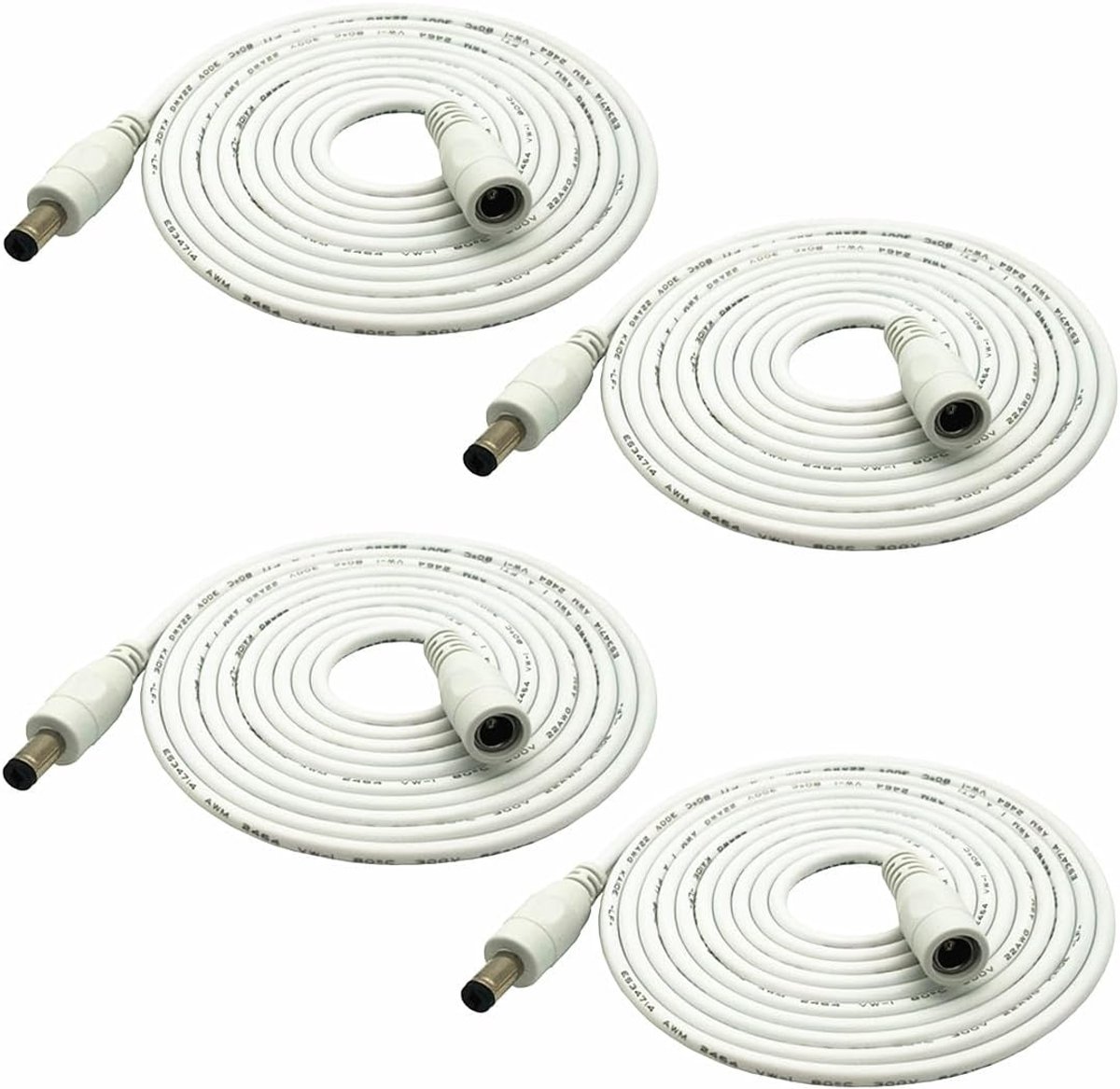 4 Stuks Witte DC-Stekker Verlengkabel 2M voor LED-lichtstrips en Camerabewaking