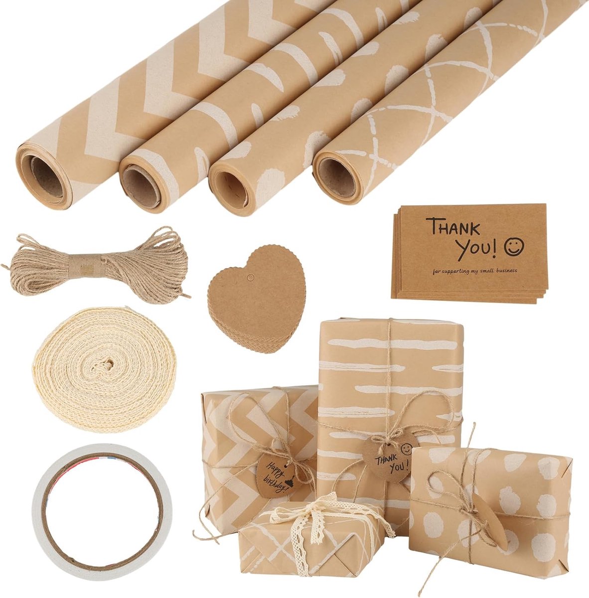 Cadeaupapier set met 4 rollen en accessoires voor geschenkverpakking