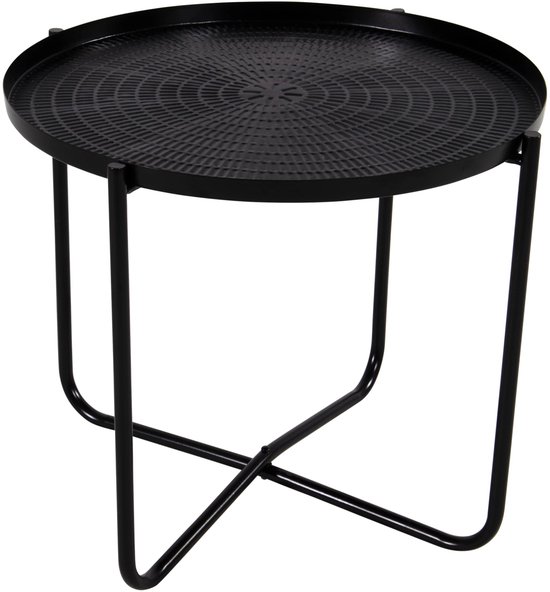 Zwarte metalen bijzettafel met een rond blad en een kruispoot onderstel.