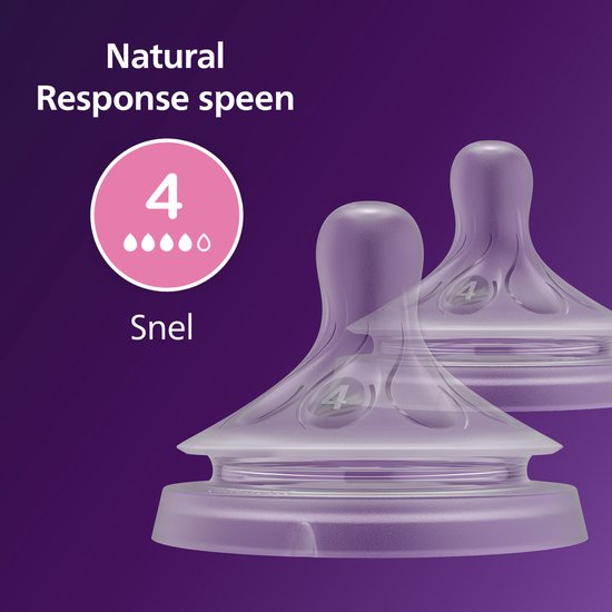 Twee paarse Philips Avent Natural Response spenen met flow-indicatie 4.