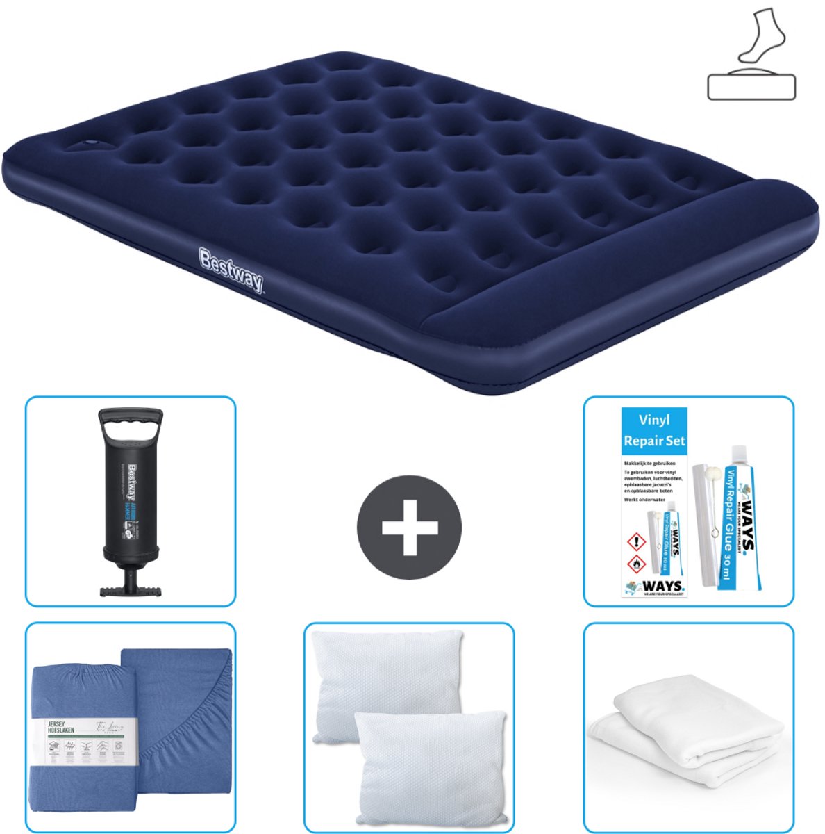 Bestway luchtbed - 2-Persoons - 152 x 203 x 28 cm - Blauw - Inclusief pomp - Hoeslaken - Kussen - Kussenbeschermer - Pomp en Reparatieset