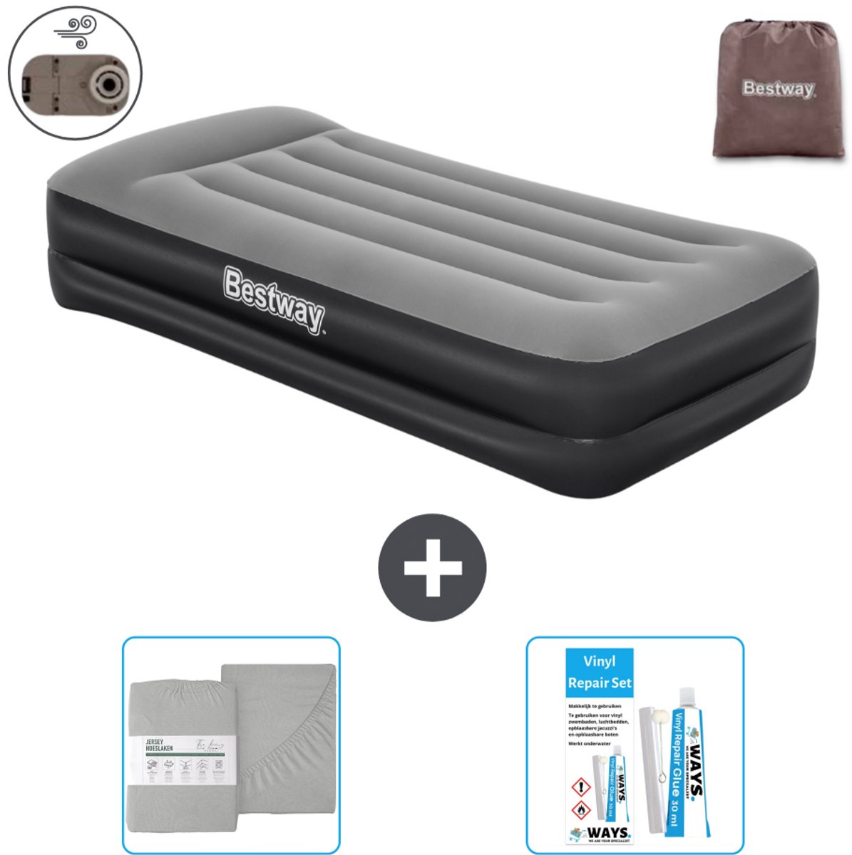 Bestway luchtbed - 1-Persoons - 97 x 191 x 46 cm - Grijs - Inclusief pomp - Hoeslaken en Reparatieset