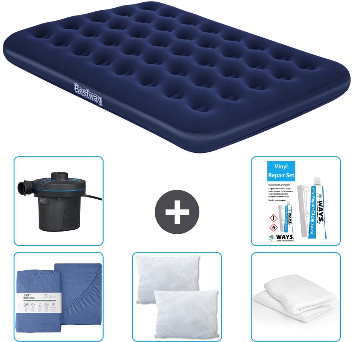 Bestway luchtbed - Twijfelaar - 137 x 191 x 22 cm - Blauw - Inclusief Hoeslaken - Kussen - Kussenbeschermer - Pomp en Reparatieset