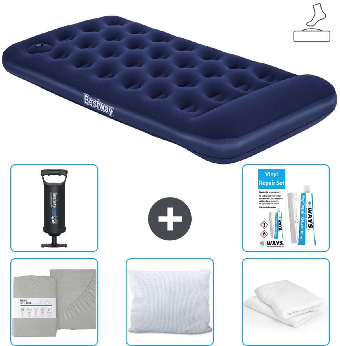 Bestway luchtbed - 1-Persoons - 99 x 188 x 28 cm - Blauw - Inclusief pomp - Hoeslaken - Kussen - Kussenbeschermer - Pomp en Reparatieset