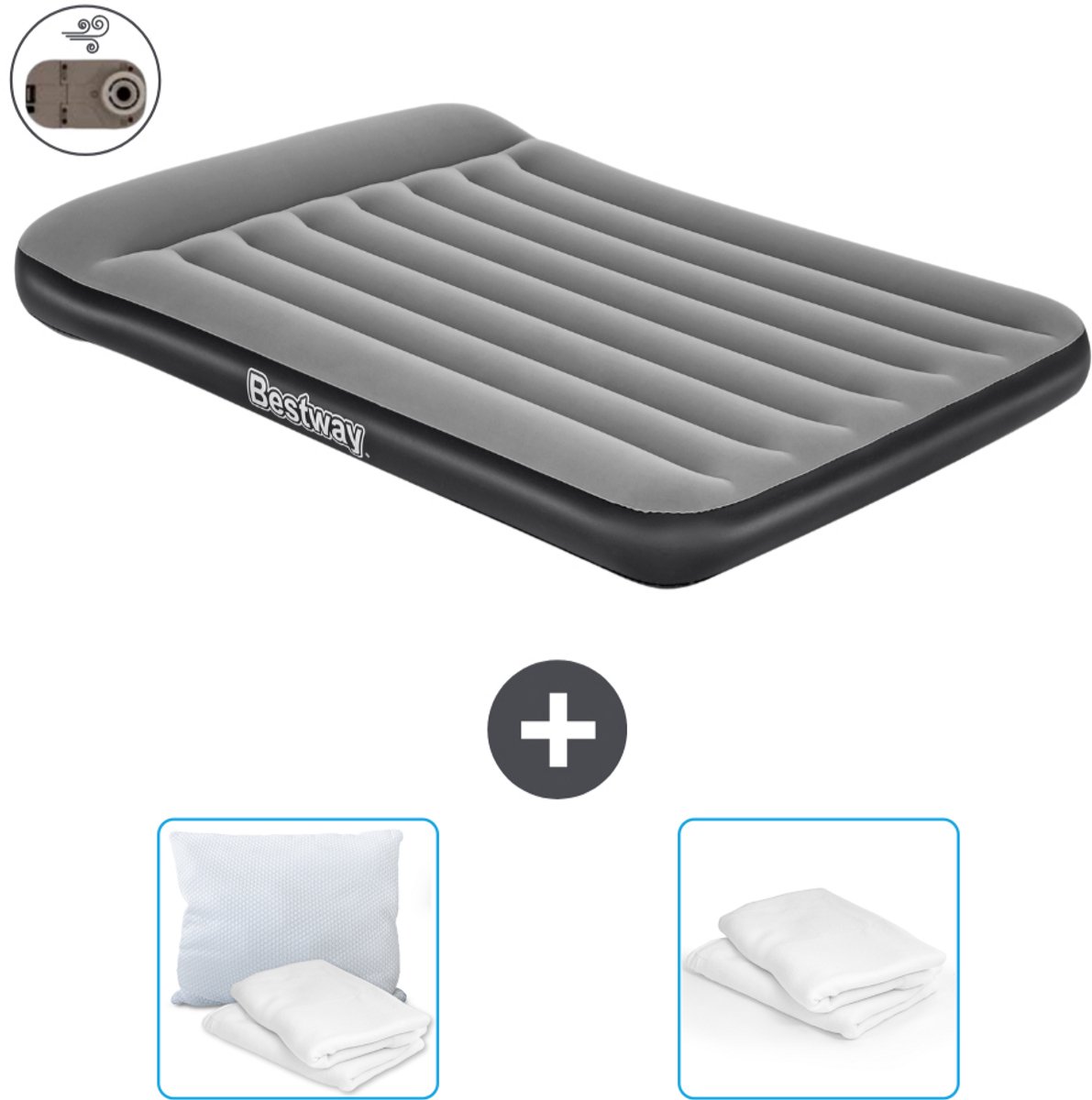 Bestway luchtbed - Twijfelaar - 137 x 191 x 30 cm - Grijs - Inclusief pomp - Kussen en Kussenbeschermer