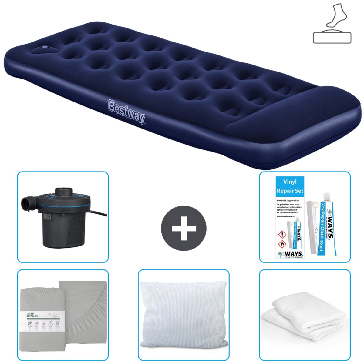 Bestway luchtbed - 1-Persoons - 76 x 185 x 28 cm - Blauw - Inclusief pomp - Hoeslaken - Kussen - Kussenbeschermer - Pomp en Reparatieset