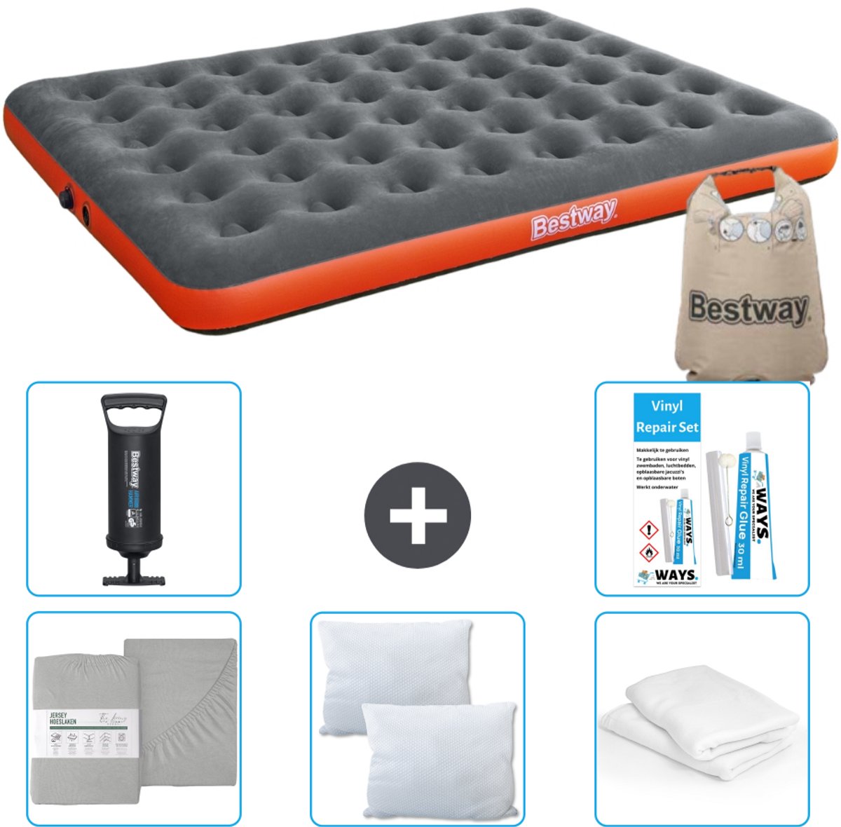 Bestway luchtbed - 2-Persoons - 152 x 203 x 22 cm - Grijs/Oranje - Inclusief Hoeslaken - Kussen - Kussenbeschermer - Pomp en Reparatieset