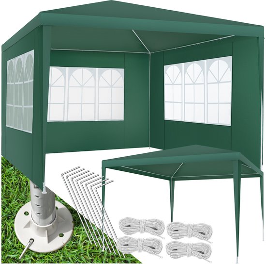 tectake® Paviljoen - met versterkt frame - Partytent 3x3 m - Waterdicht Zeildoek - Verwijderbare Zijpanelen - Weerbestendige Tuinpaviljoen - Inclusief Spanlijnen en Haringen - Groen - Pop-up Vouwtent