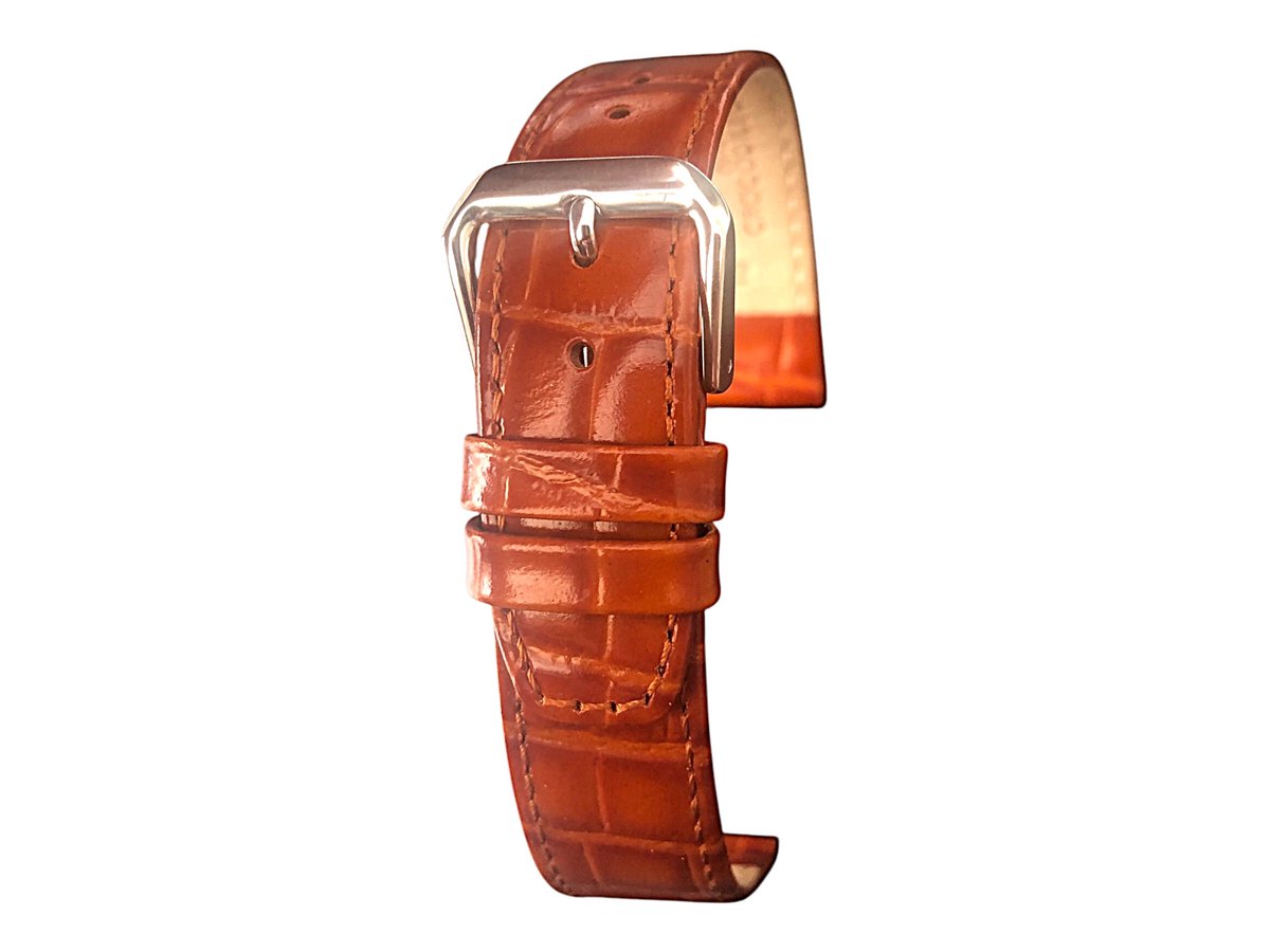 Horlogeband-horlogebandje-18mm-echt leer-croco look-calf-cognac-bruin-zacht-plat-stalen gesp-leer-18 mm