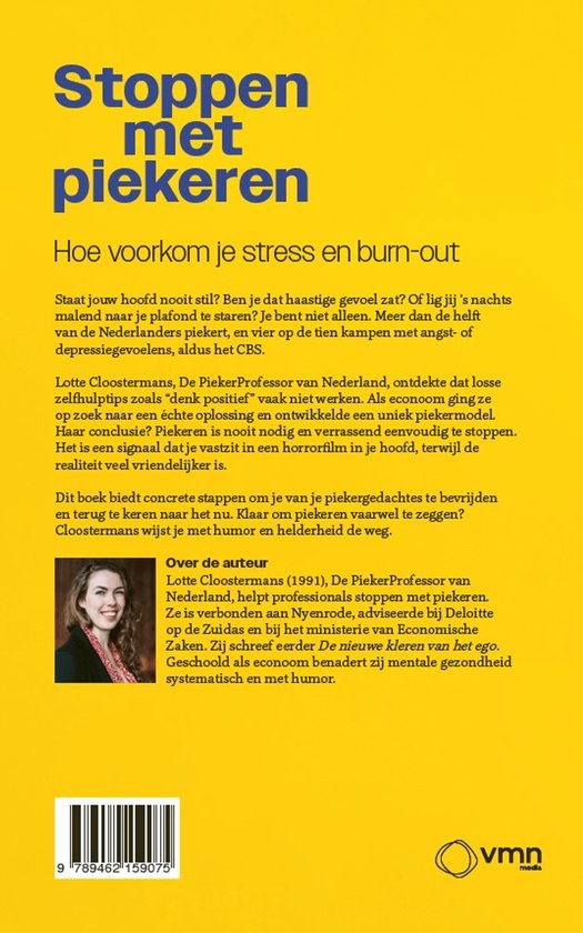 Boekomslag 'Stoppen met piekeren'. Een vrouw staat naast de tekst. De ondertitel is 'Hoe voorkom je stress en burn-out'.