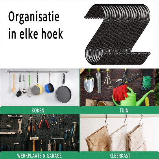 Zwarte S-haken gebruikt in keuken, tuin, werkplaats en kledingkast.