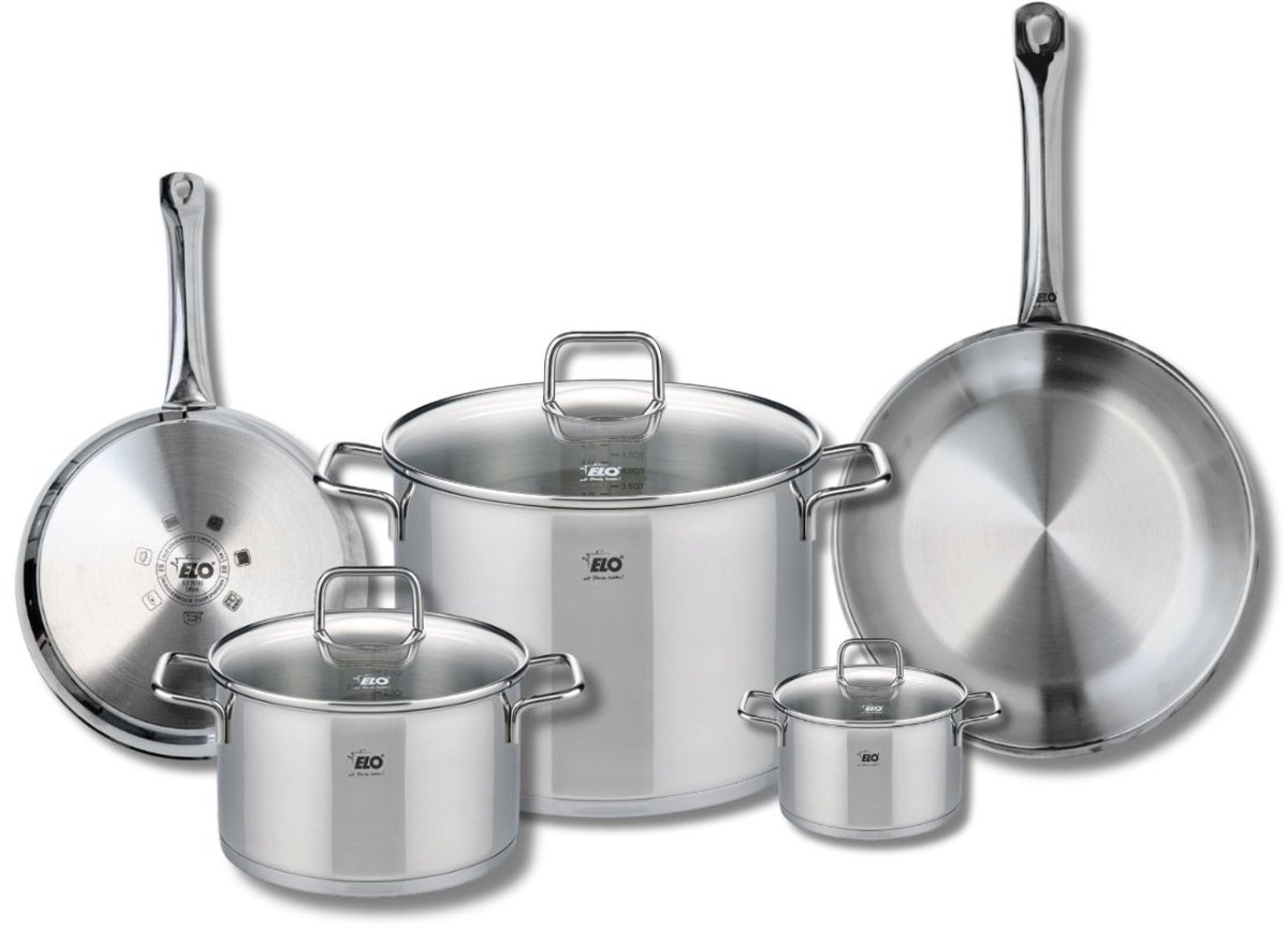 Set van 2 Koekenpannen 24 en 28 cm en 3 Kookpotten 12, 20 en 26 cm Elo Profi Citrin