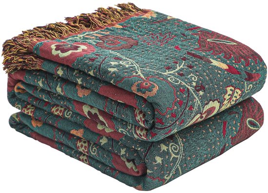Boraboi ® Dubbelzijdige Boho Sprei van 100% Katoen voor Bank en Bed, Groen, 150 x 200 cm