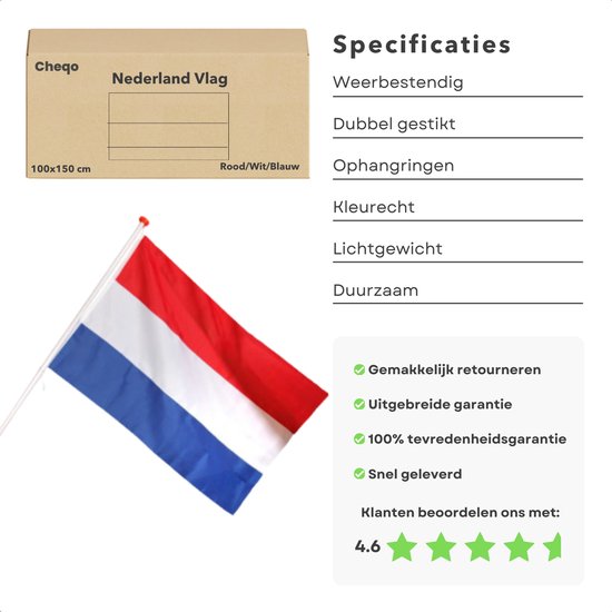 Drapeau néerlandais Cheqo® - Rouge Wit Blauw - Idéal pour la fête du Roi et le jour de la Libération - Drapeau néerlandais - Drapeau néerlandais - EBOOK inclus