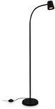 Zwarte staande lamp met gebogen arm en ronde voet.