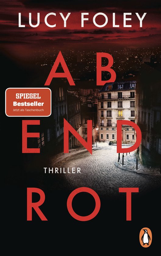 Boekomslag van "Abendrot" met een straat in Parijs 's nachts, "Spiegel Bestseller" label.