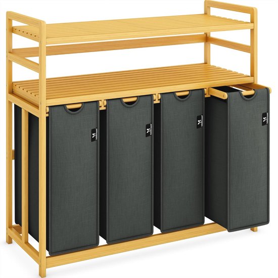 AdelDream Wasmand Met Bamboeframe, 200 Liter, 4 Vakken, Uittrekbare En Afneembare Waszak Wasverzamelaar Bamboe Wasrek Wasbox Zwart 2184058343 AdelDream Wasmand Met Bamboeframe, 200 Liter, 4 Vakken, Uittrekbare En Afneembare Waszak Wasverzamelaar Bamboe Wasrek Wasbox Zwart 2184058343