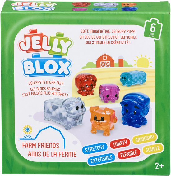 Voorkant van de doos van Jelly Blox 'Farm Friends' met zes zachte bouwfiguren en de tekst 'Farm Friends Amis de la Ferme'.