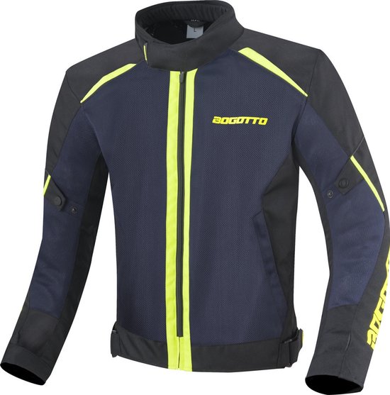 Zwarte textiele motorjas met donkerblauwe mesh panelen, gele accenten en 'BOGOTTO' logo op de borst.