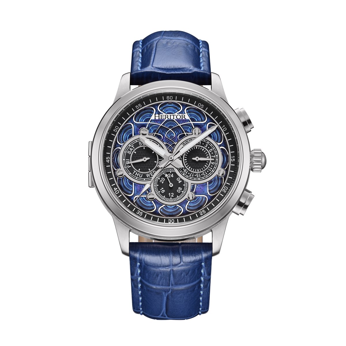 Heritor Automatic Apostle horloge met leren band en dag--datumfunctie - zilver-blauw