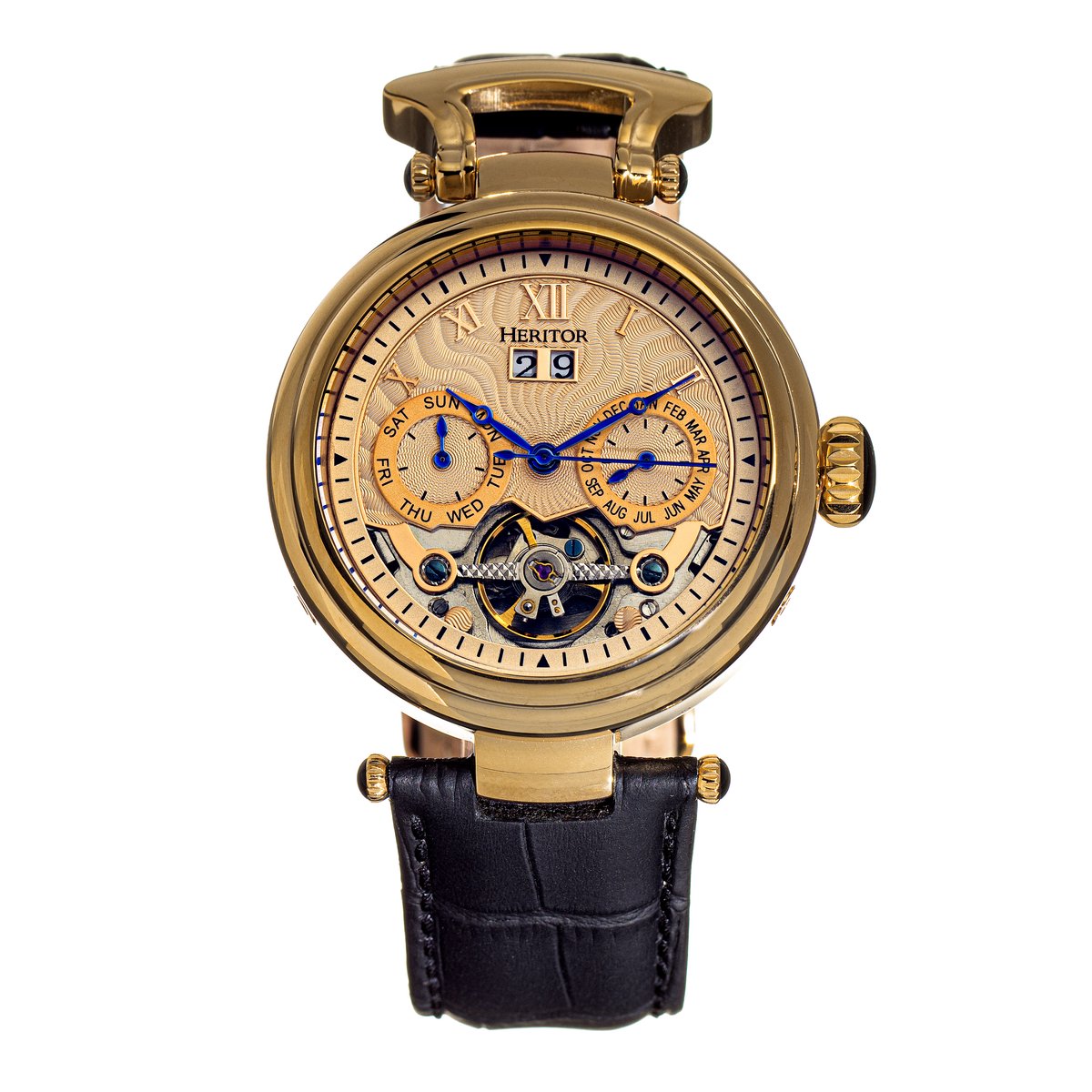 Heritor Automatic Ganzi Semi-Skelet Horloge met Leren Band - Goud-Zilver