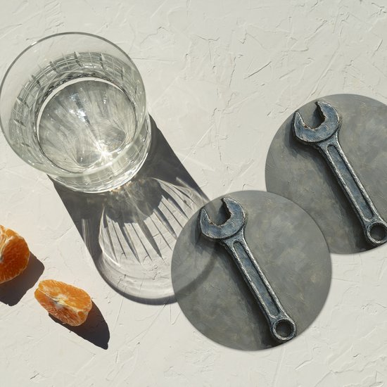 Onderzetters voor glazen - Rond - Steeksleutel - Schilderij - Gereedschap - Verf - 10x10 cm - Glasonderzetters - 6 stuks