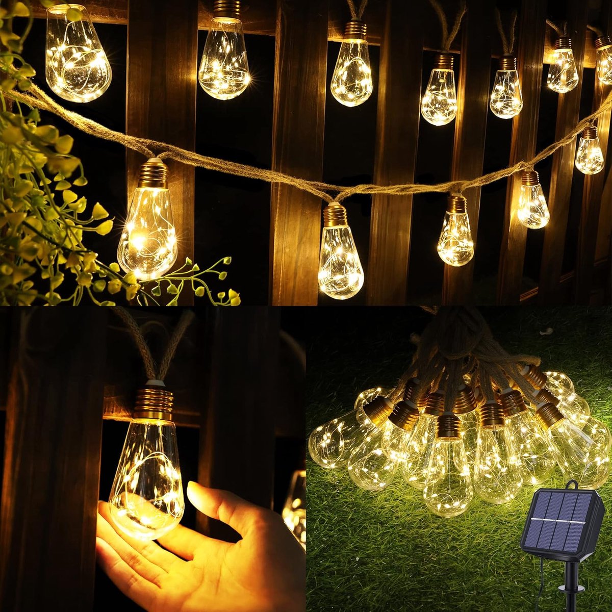 Tuinverlichting op Zonne-energie - Solarverlichting Lichtsnoer op Zonne-energie voor buiten met 16 gloeilampen 64m-lichtketting-weerbestendig-warm-wit-vintage-lichtketting-henneptouw-decoratie-voor
