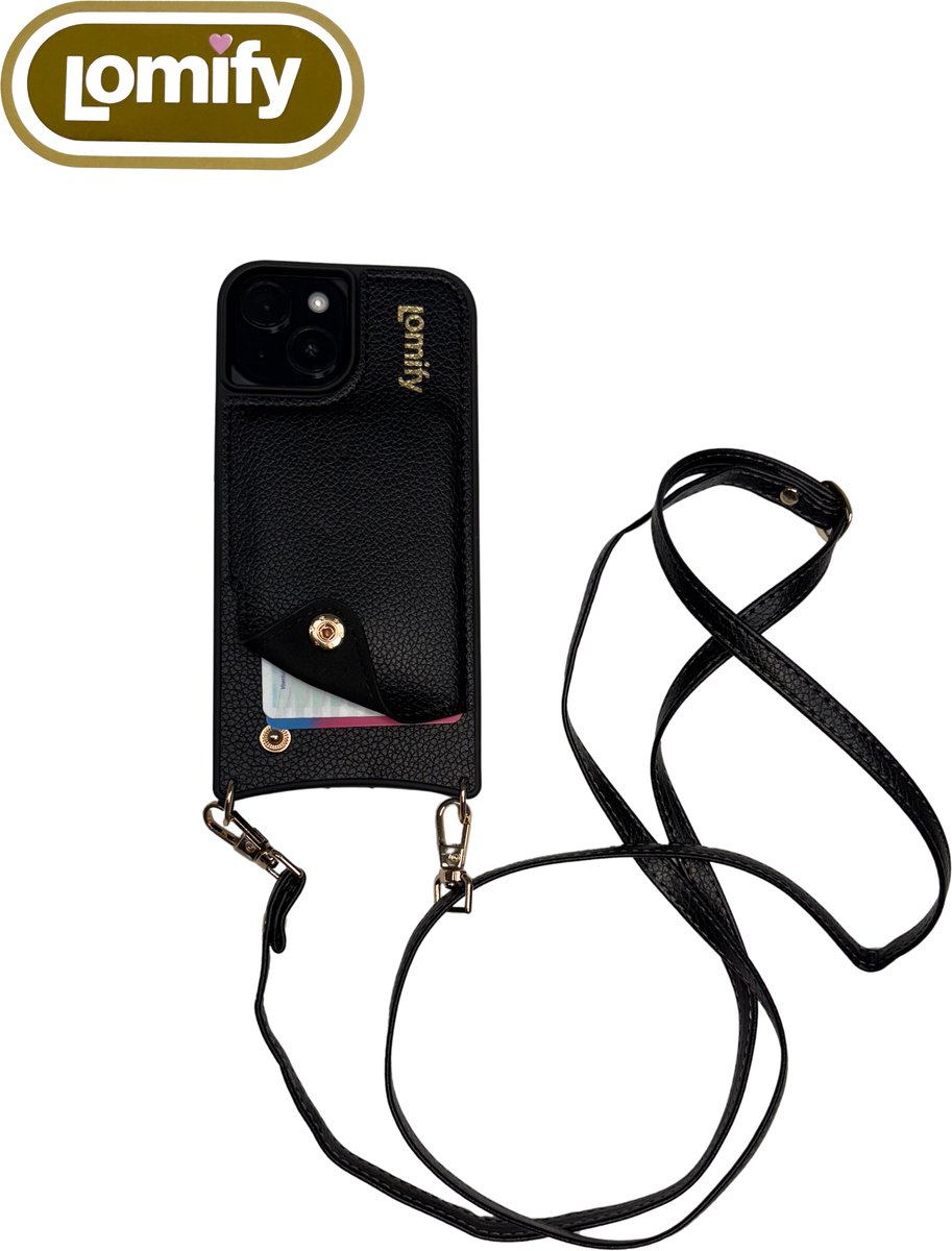 Lomify Corded Case geschikt voor de Apple iPhone 13 Pro met pasjeshouder voor 2-3 pasjes incl bijpassende strap, vegan leer Zwart