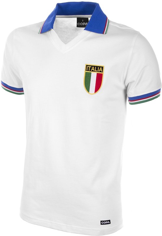 Wit retro voetbalshirt met blauwe kraag en gestreepte boorden in groen, wit en rood, met Italië-embleem.