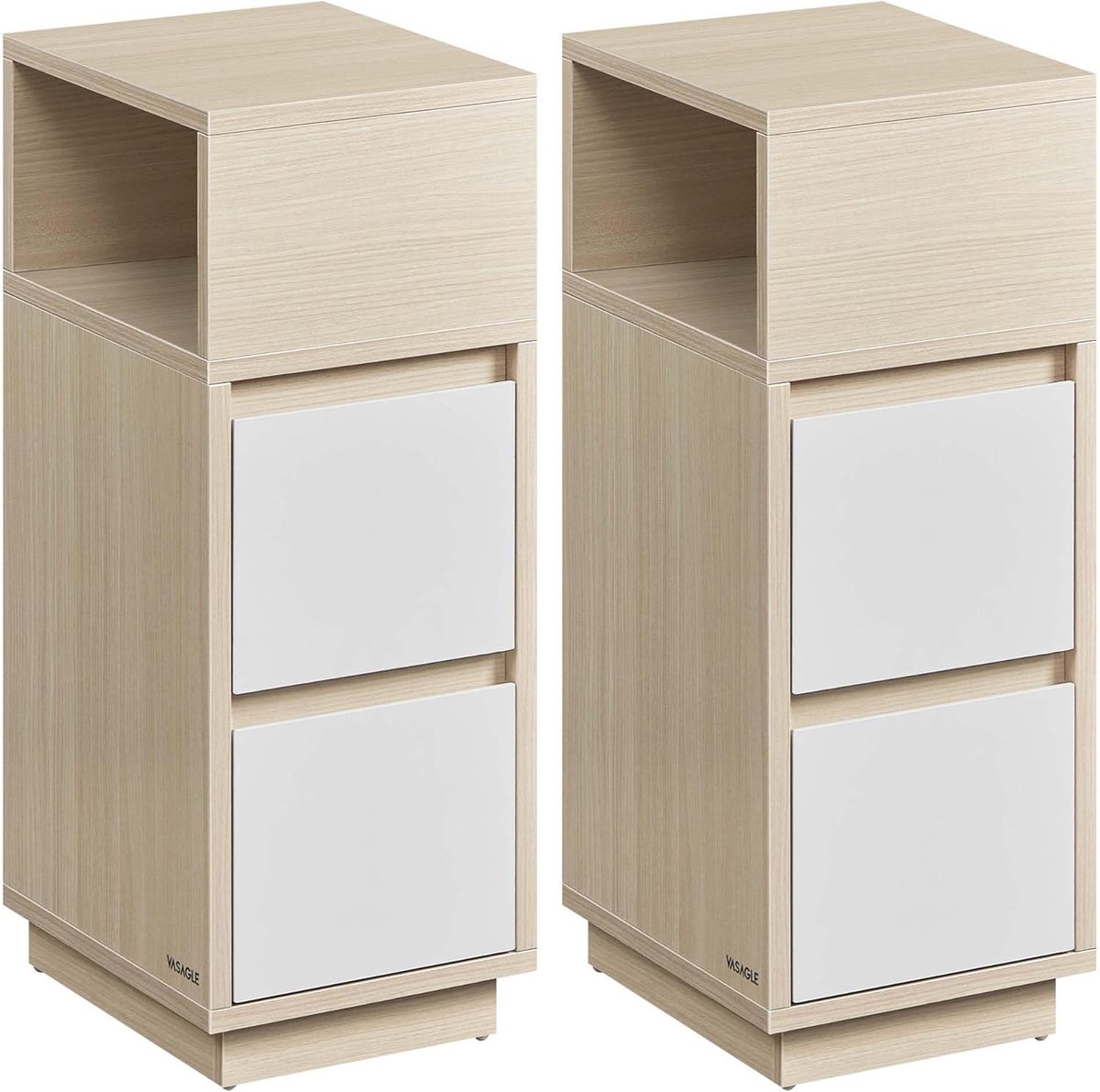 FurnStar Nachtkastje - Set van 2 - Smal - Bijzettafel met 2 laden - Open vak links of rechts monteerbaar - Voor slaapkamer en woonkamer - Natuurbeige Wolkenwit natuurbeige-wolkenwit double