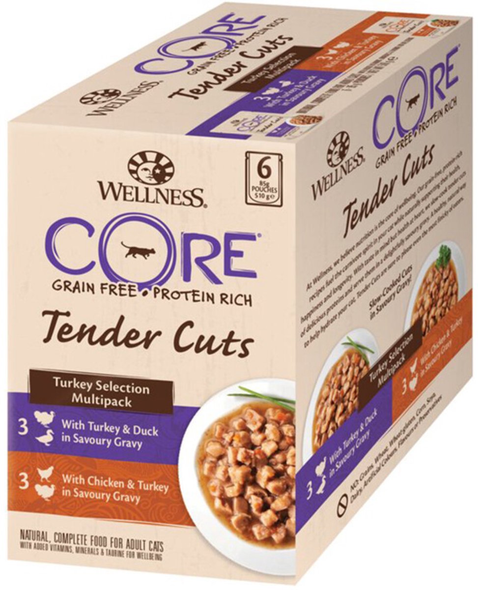 Wellness Core Kattenvoer Tender Cuts Selection 6-pack Kalkoen – 8 x 6 x 85 gr – Voordeelverpakking