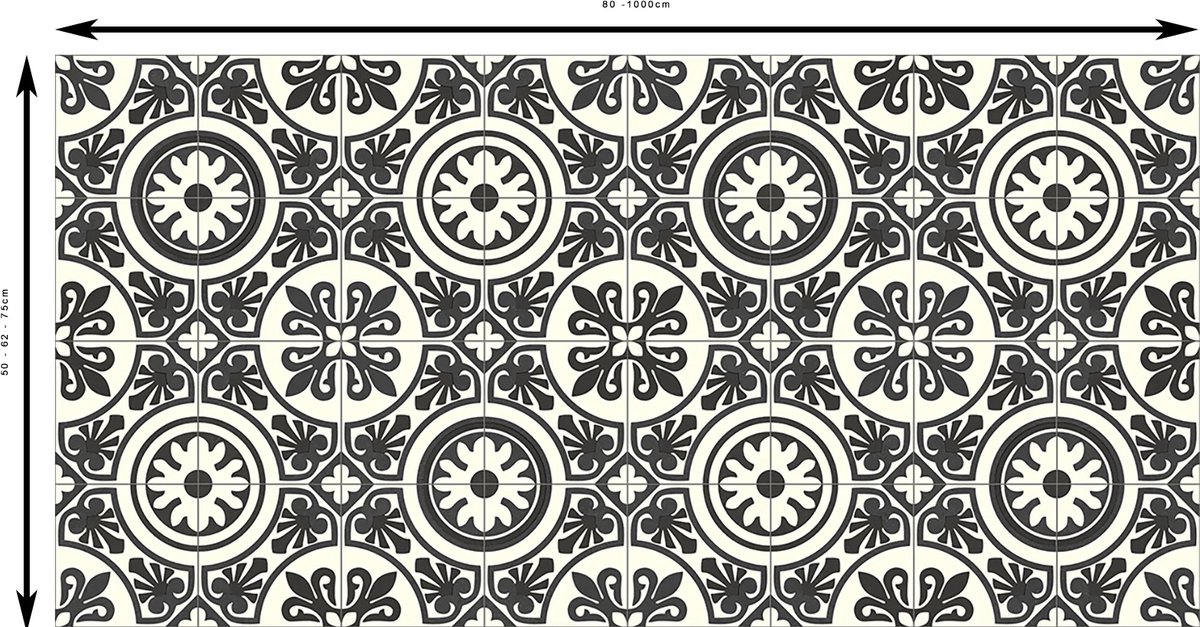 JYG Vloerkleed Brussel - Keukenloper - Keukenmat - Vinyl - Vintage 50 x 600 cm - Zwart - Wit