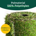 Opgerolde mat van kunstgras. Gele cirkel met "Erhältlich in 2 Breiten". Groene balk met "Polmaterial 100% Polyethylen".