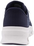 Achterkant van een marineblauwe sneaker met dikke witte zool.