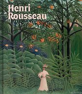 Boekomslag met de titel 'Henri Rousseau'. Een vrouw in een roze jurk staat in een weelderige, groene jungle.