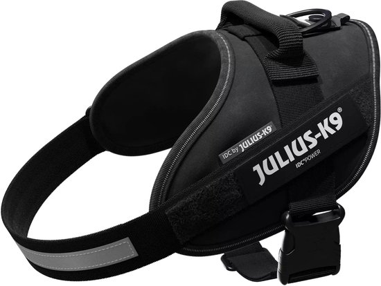 Zwart Julius-K9 IDC Power tuig voor honden, met handvat en reflecterende strip.
