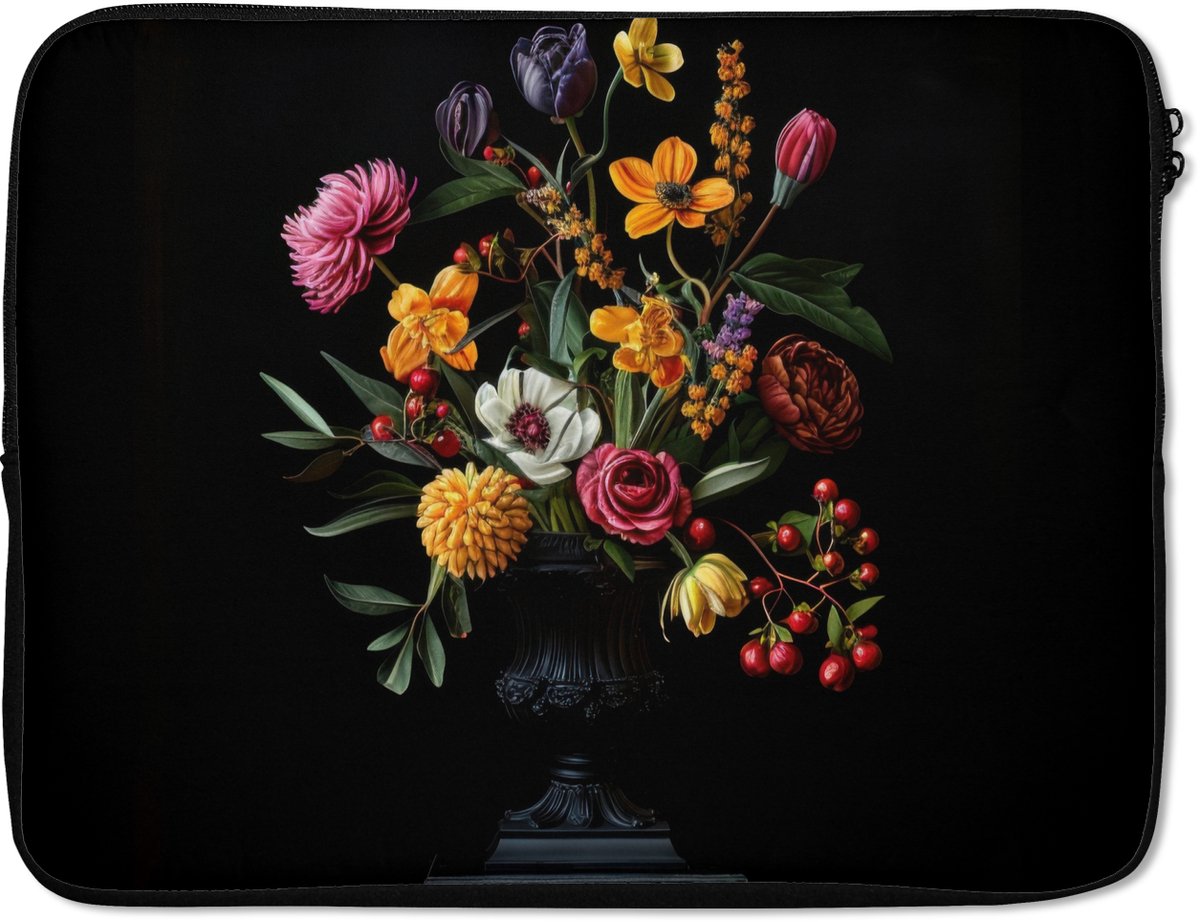 Laptophoes 15.6 inch - Sierlijk - Boeket - Bladeren - Laptop sleeve - Binnenmaat 37x26 cm - Zwarte achterkant