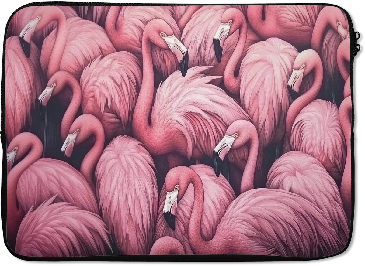 Laptophoes 14 inch - Flamingo - Roze - Dieren - Laptop sleeve - Binnenmaat 33x23 cm - Zwarte achterkant