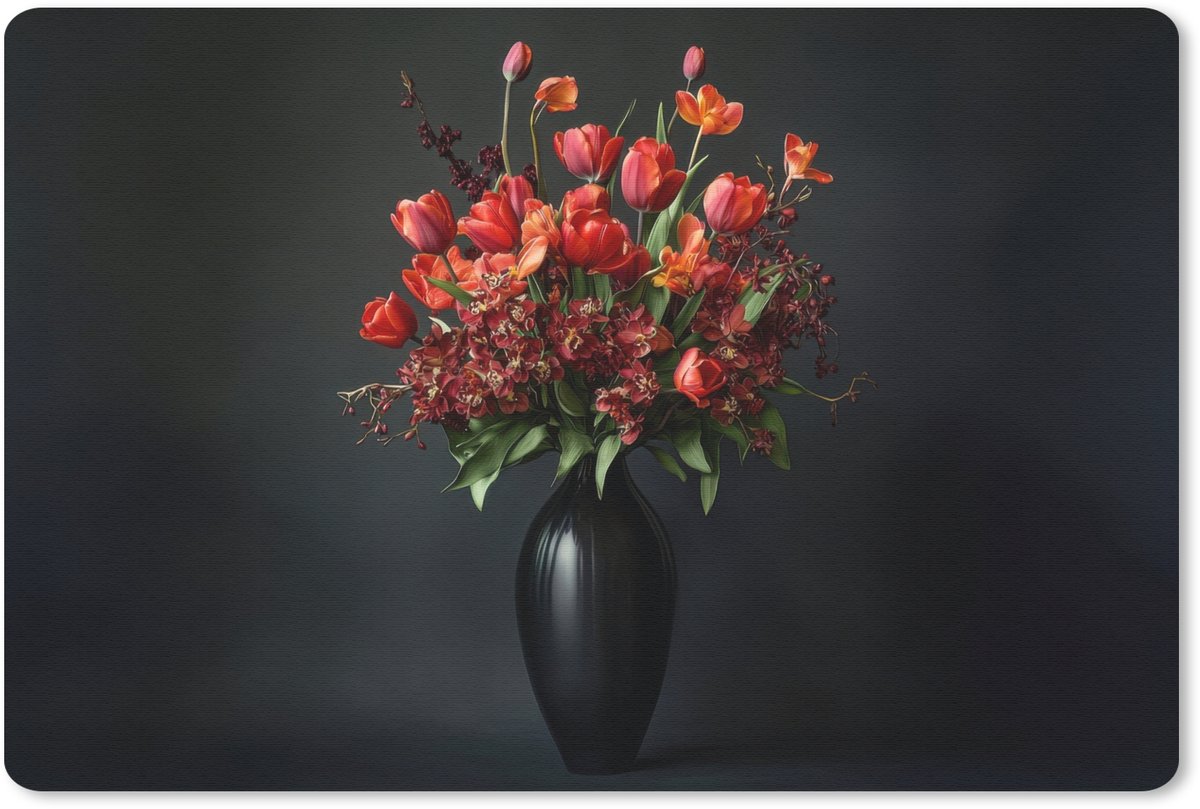 Muismat 27x18 cm - Mousepad Boeket - Tulpen - Vaas - Rood - Muismatten