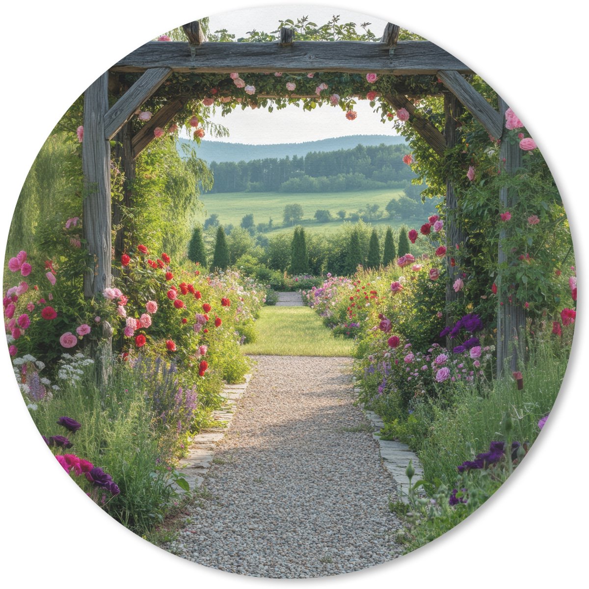 Muismat rond 50x50 cm - Mousepad Doorkijk - Landschap - Natuur - Tuinboog - Bloemen - Ronde muismatten