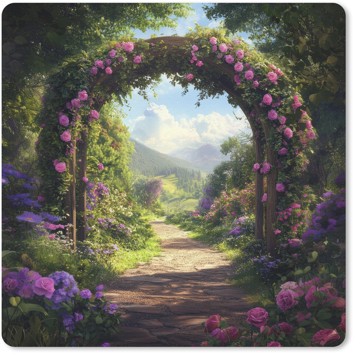Muismat 30x30 cm - Mousepad Doorkijk - Rozenboog - Uitzicht - Landschap - Bloemen - Muismatten