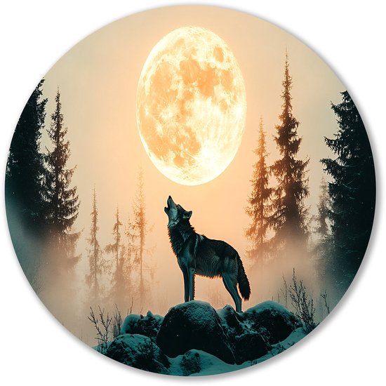 Wolf en volle maan landschap - Wolf rond schilderij - Rond wandpaneel dieren - Hyperrealisme - Ronde kunst aan de muur - Moderne muurkunst - muurcirkel aluminium 40x40 cm