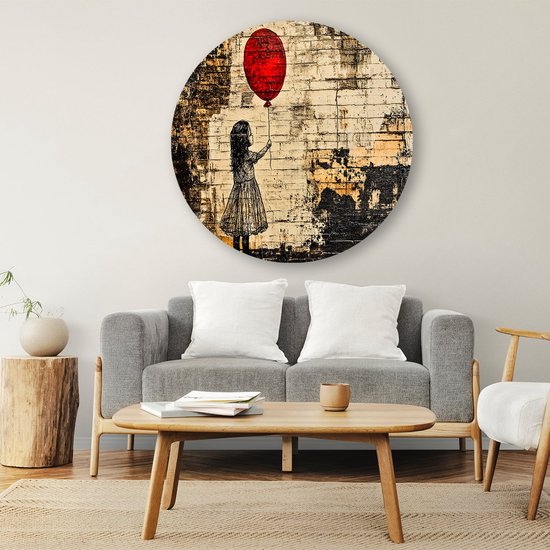 Meisje met rode ballon - Ballon muurdecoratie rond - Ronde wandprint kind - Street Art - Aluminium muurdecoratie rond - Schilderijen landelijke sfeer - muurcirkel aluminium 90x90 cm